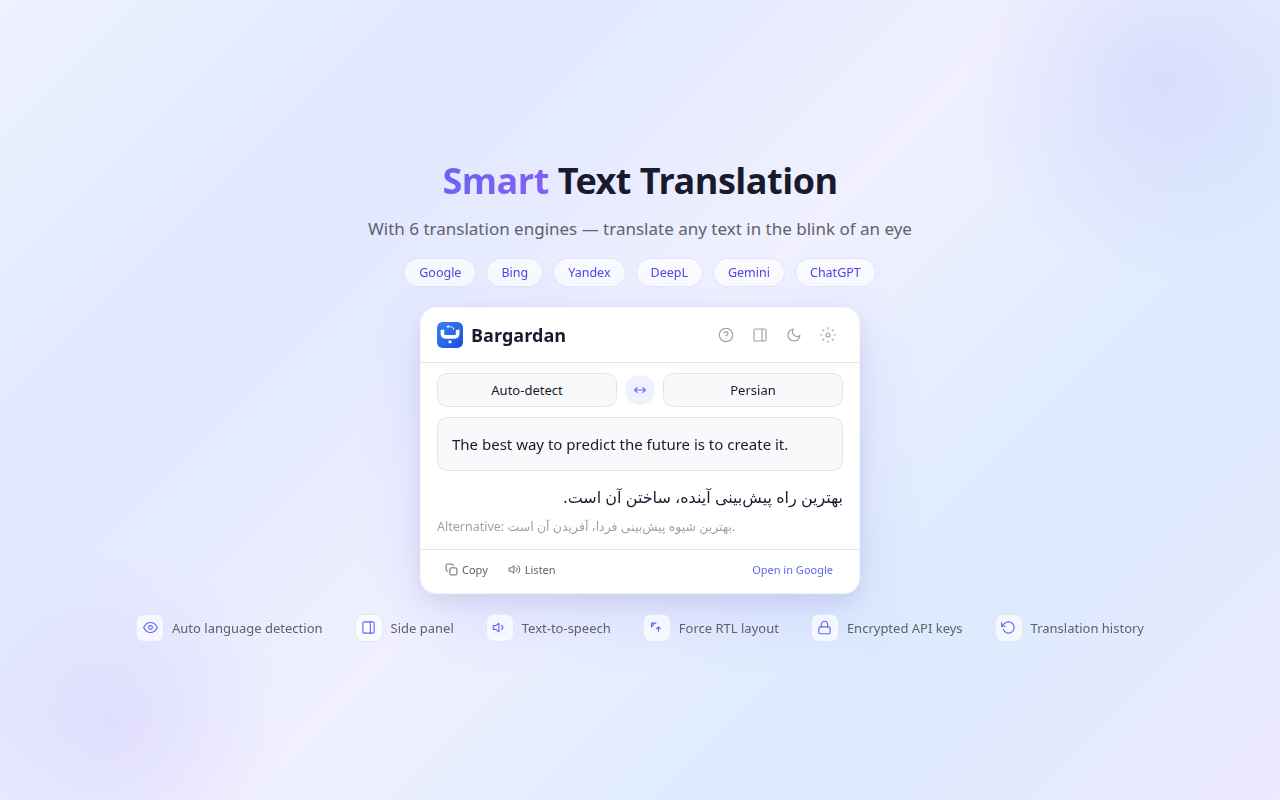 Bargardan translation popup with 6 engines